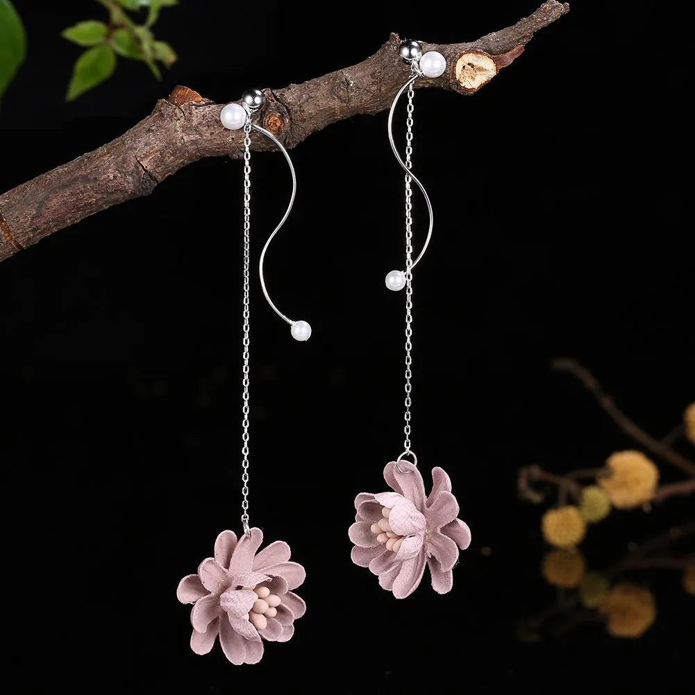 925 Sterling Silver Pink/Gray Flower Pendant Dangle Drop Earrings Women Sweet Fashion Jewelry Gifts Boucles D'oreilles | Украшения и