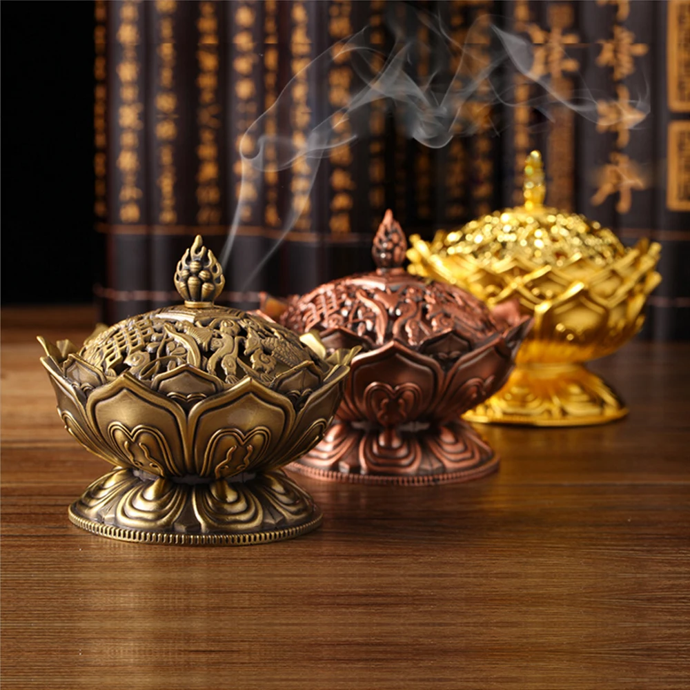 Antique Alloy Lotus Flower Censer Burner Chinese Sandalwood Buddha Incense Holder Temples Yoga Studios Tea Desk Decor