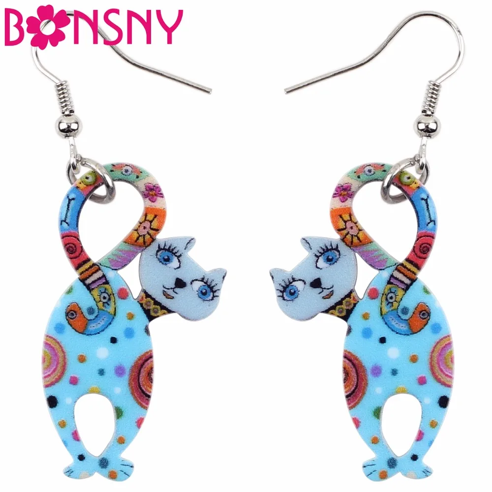 Женские акриловые серьги гвоздики Bonsny длинные висячие с котом котенком и