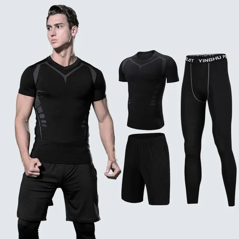 3pcs KH short set Мужские Компрессионные спортивные костюмы, трико для спортзала, тренировочная одежда, комплект для тренировок, бега, спортивный костюм для бега, сухая посадка размера плюс - Цвет: 3pcs KH short set