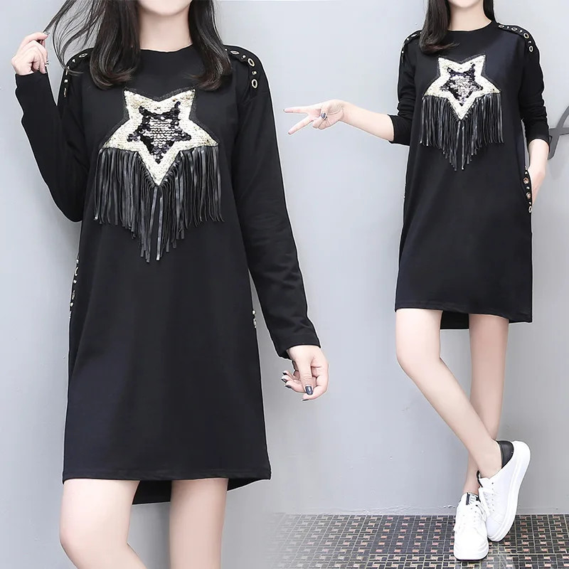 5xl plus big size women clothing 2017 spring autumn winter korean new black star tassel cute casual thin dress female Y0673 | Женская
