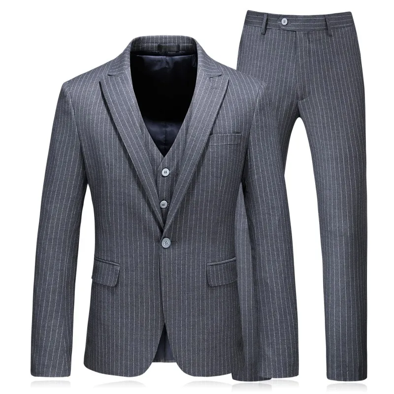 

(Jacket+Vest+Pants) 2018 spring fashion stripe Grey single button Men Suits Classic suits Men's business wedding Suit men