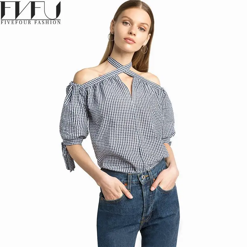 Мода 2017 блузка рубашка Женщины сезон: весна–лето плед Холтер Блузка Топы с плеча