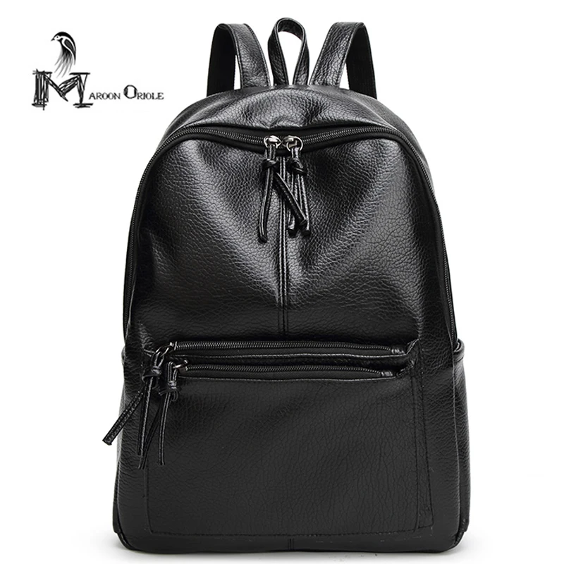 Черный моды кожа рюкзак для девочек искусственная студент книга мешок