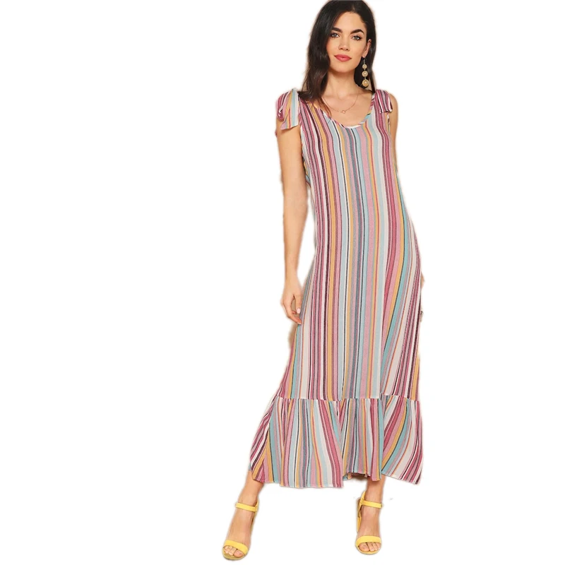SHEIN Летнее Разноцветное Макси Платье С Круглым Вырезом Без Рукавов Длинное Платье В Полоску