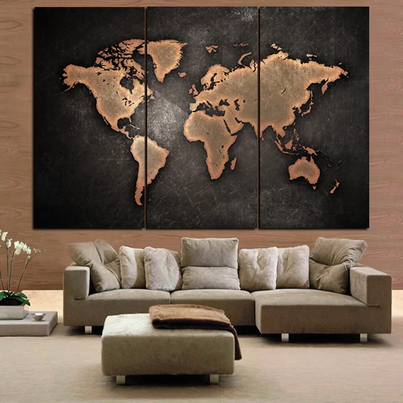 

3Panel Prints Large Vintage World Map Abstract Oil Painting on Canvas Art Sofa Modular Wall Picture For Living Room Unframed