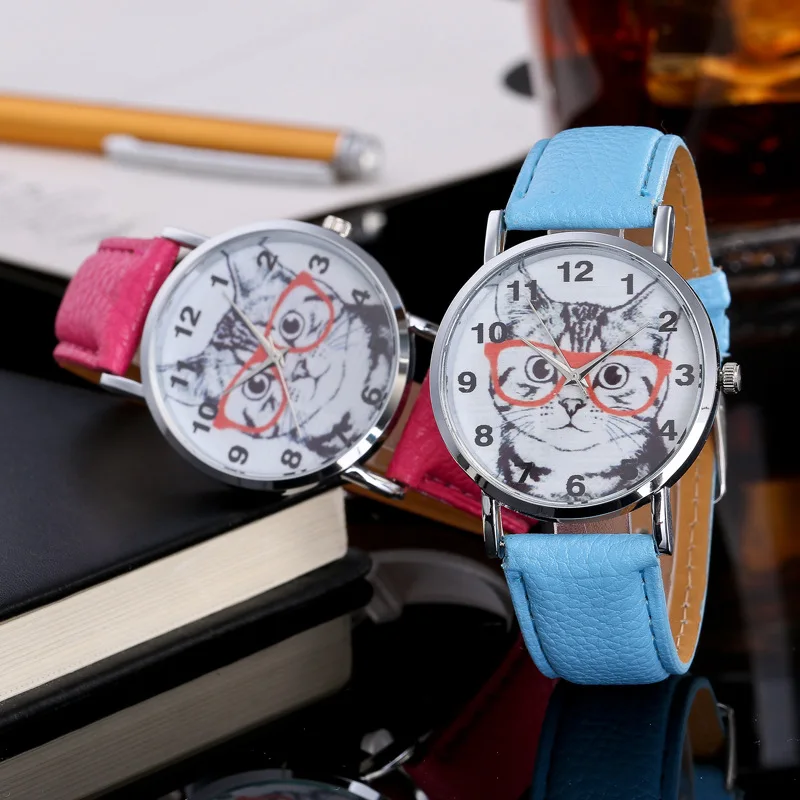 Женские наручные часы MINHIN кварцевые с рисунком котенка из кожи и стекла для