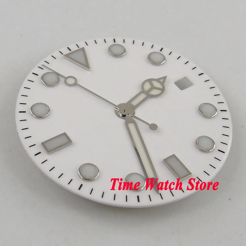 

28.5mm white strile watch dial luminous marks fit ETA 2824 2836 MIYOTA 8215 821A Mingzhu 2813 Automatic Movement with hands