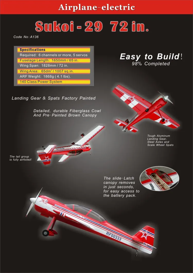 SUKOI 29 72 дюймов электрический RC модель самолета фиксированное крыло Balsa деревянный самолет