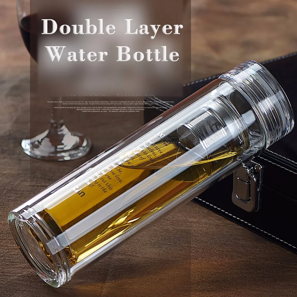 Двухслойная стеклянная бутылка для воды с чайным фильтром экологичное