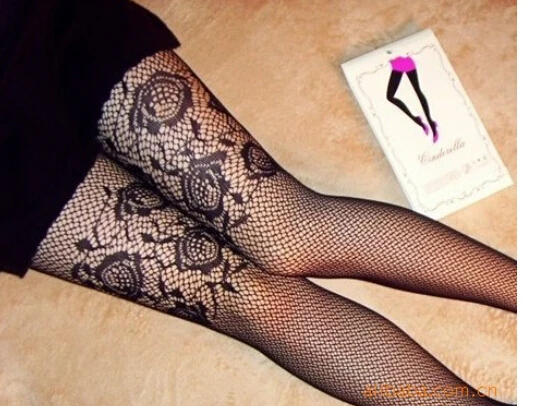 

1pair/lot club style spring autumn woman Black Pantyhose Pattern Floral Lace Rose Fishnet nylon Tights free size