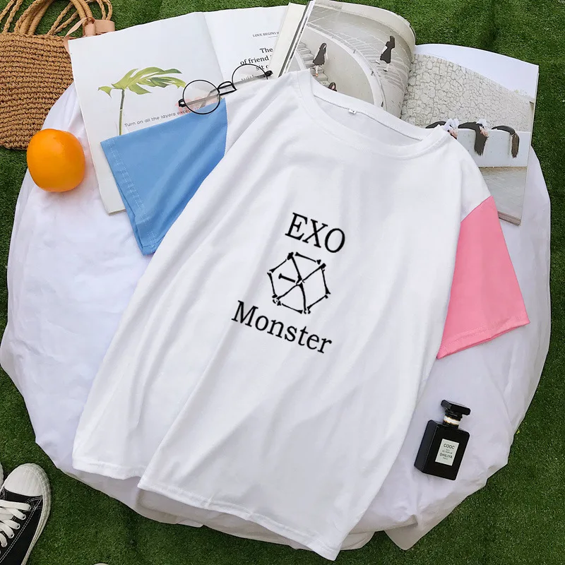 Летняя свободная хлопковая футболка женская в стиле Харадзюку Kpop Exo Повседневная
