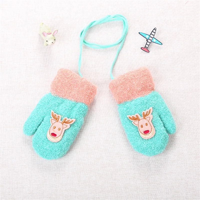 Winter Baby Boy Girl Gloves Cotton Kids Full Finger Cute Cartoon Knitting Solid Infant kids Thicken Warm With Sling | Детская одежда и