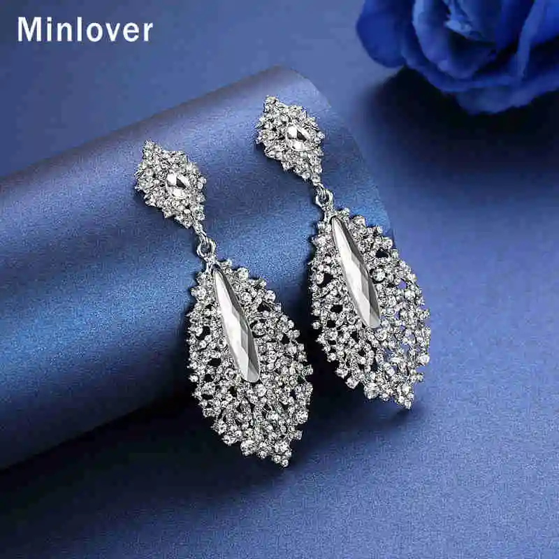 Женские серьги для невесты Minlover Серебристые с листом из горного хрусталя модные