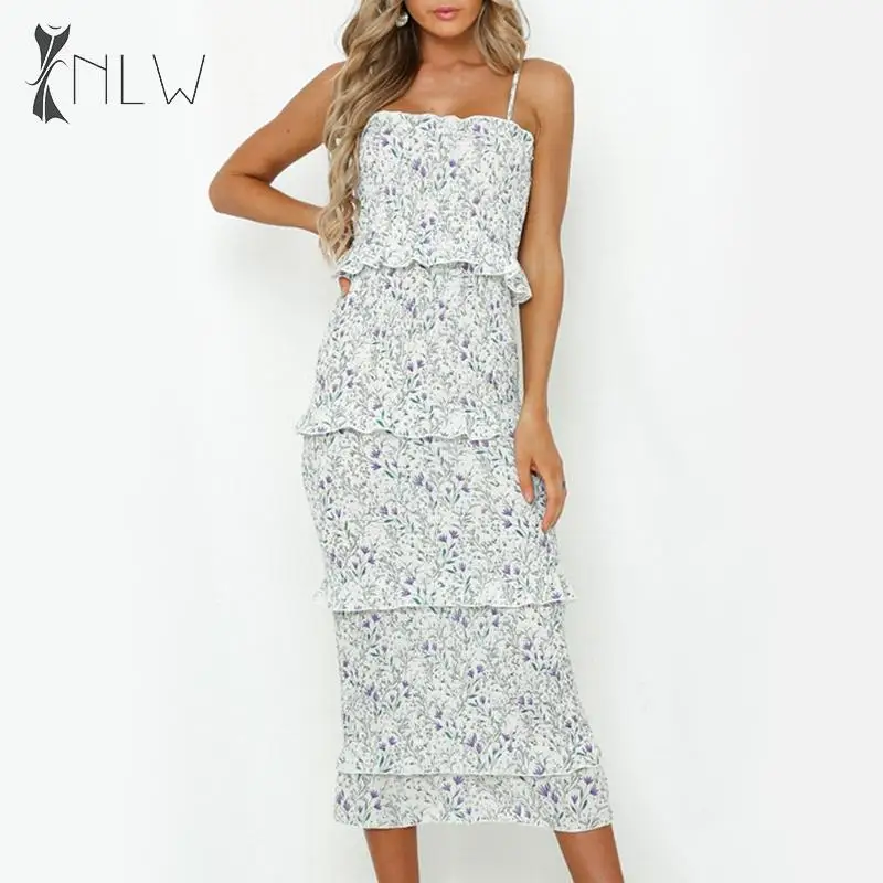 NLW Bodycon Ruffle летние миди платья элегантные Boho Платья с цветочным принтом женские 2019