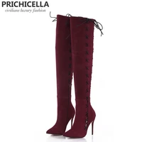prichicella redwine genuine leather side lace up thigh boots stiletto heels sexy autumn winter high booties