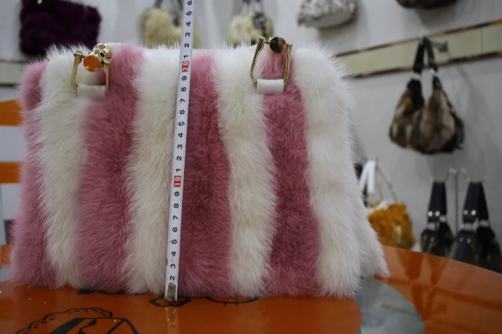 Модная новая кожаная норковая меховая сумка с розовыми и белыми меховыми