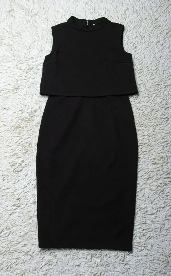 European Style Victoria Beckham 2014 Women Fake 2 Piece Black Sleeveless Bandage Pencil Dresses Celebrity Dress | Женская одежда