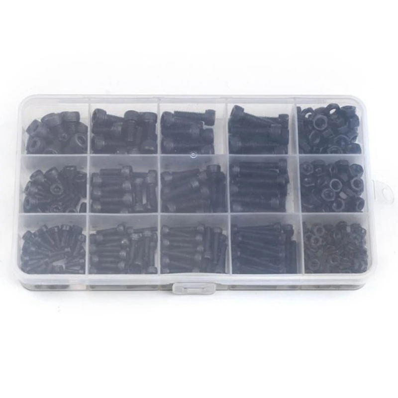 Black Carbon-Steel Cylinder Column Hex Hexagon Screw Set 500Pcs/Set M3/M4/M5 Furniture Fastener Assorted Kit Head Bolt Nut | Обустройство