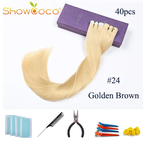 #24 Showcoco Черная пятница, уток, человеческие волосы на ленте, 40 шт, аденсивные Реми прямые волосы 16-24 дюйма - Цвет: #24