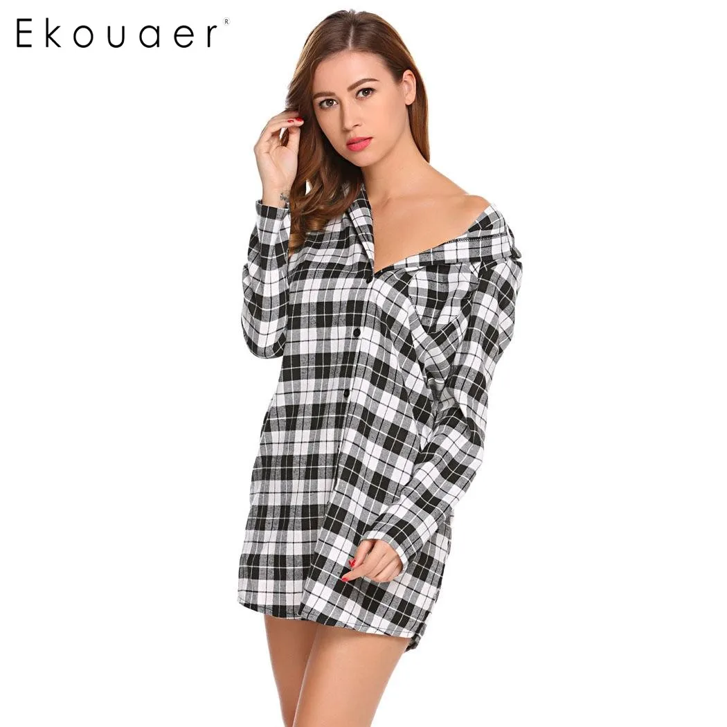 Женская ночная рубашка с длинным рукавом Ekouaer клетчатая Ночная на пуговицах для