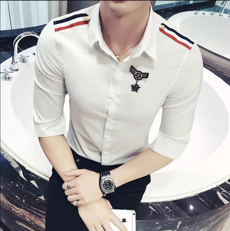 British Harajuku Mens Shirts Medal Designer Pink Camisa Social Slim Fit Dress Blouse Men Short Sleeve Casual Shirt Plus Size 5XL | Мужская