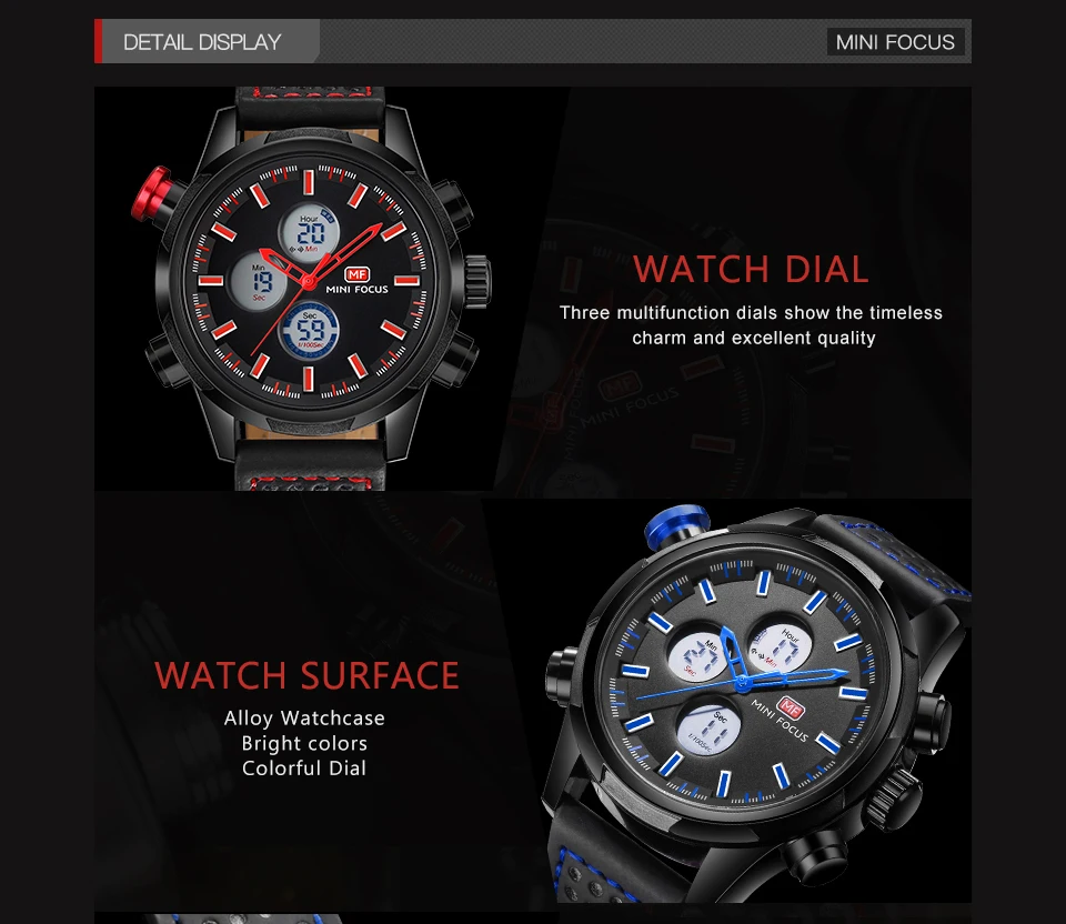 MINIFOCUS военные спортивные Dual Time Часы Для мужчин сигнализации Calendar Chronograph кожаный