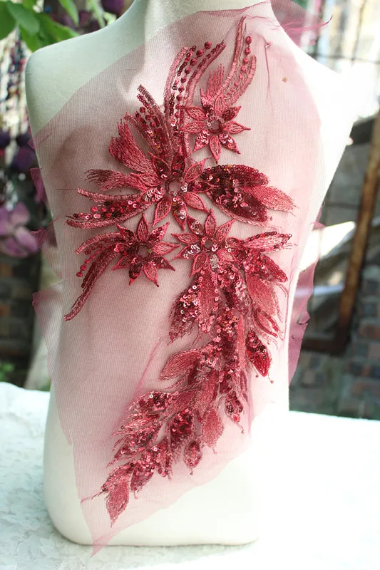 (4 шт./лот) Бесплатная доставка Пришивные винно Красные Аппликации из кружева с