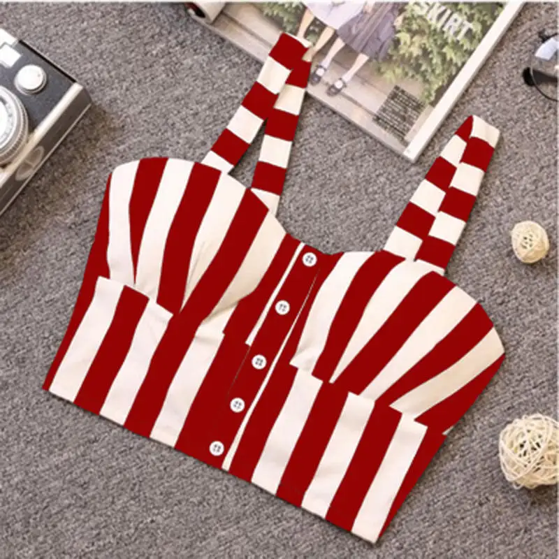 red striped Gkfnmt женский короткий топ, топ с бретелькой через шею, Женский Топ,, летний сексуальный топ без рукавов, тонкая, низкая грудь, на пуговицах, Roupas Femininas - Цвет: red striped
