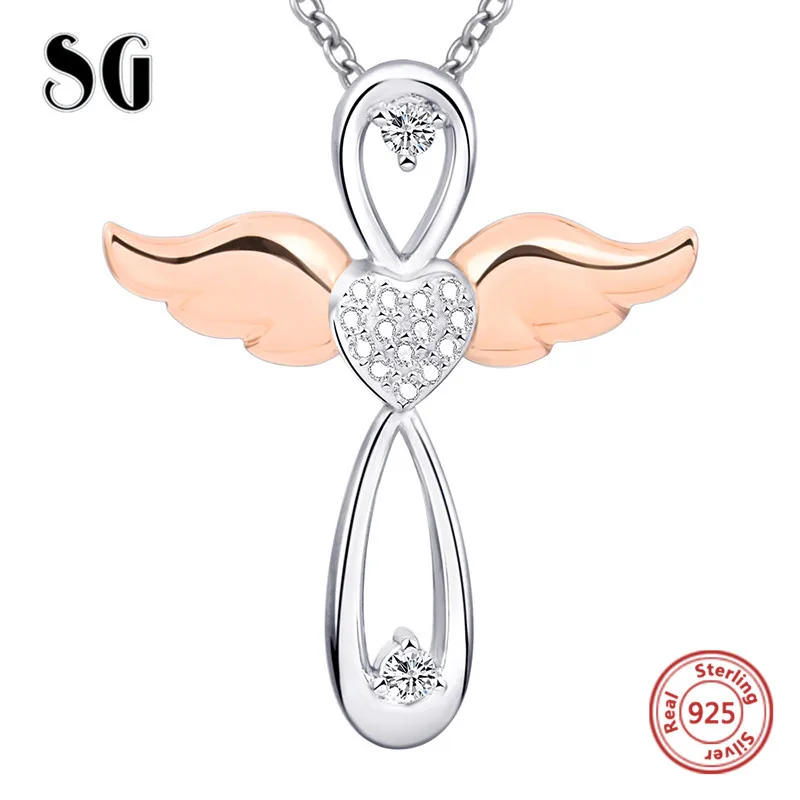 Серебро 925 пробы, крест с ангелами, подвеска, цепочка, ожерелье с CZ& розовое золото, крыло, сделай сам, модное ювелирное изделие для женщин, подарки