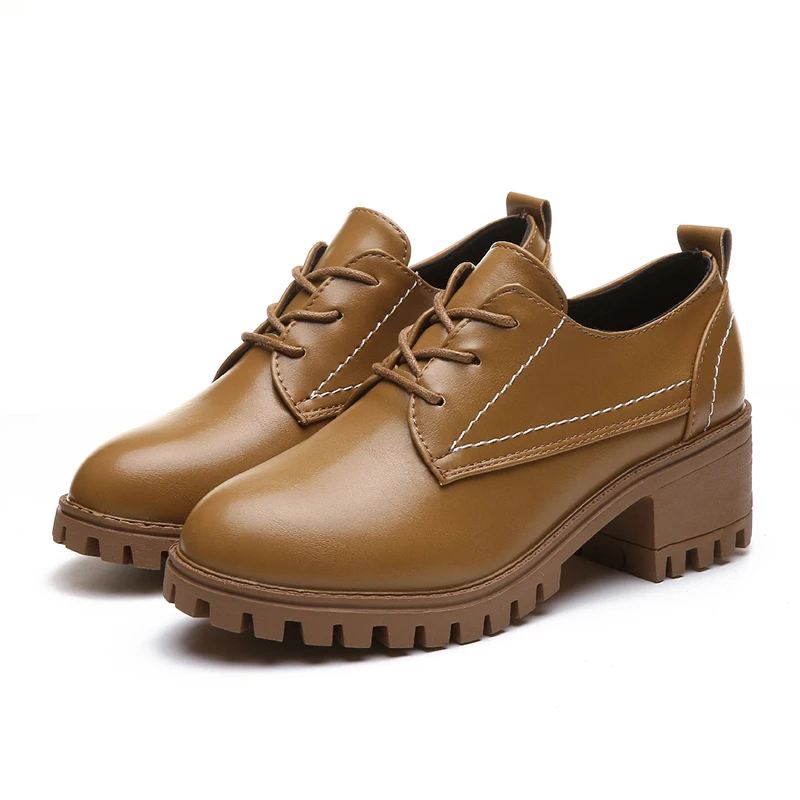 Хаки New Fashion Autumn Casual Shoes Woman Oxfords Pu Leather Lace Up Women Shoes Female Plus Size High Heels Platform Ladies Shoes - Цвет: Хаки
