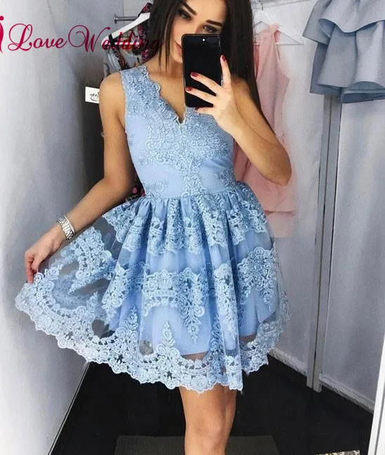 Hot Sale Sexy V Neck Lace Applique Custom made A Line Lilac Short Party Prom Dresses | Свадьбы и торжества