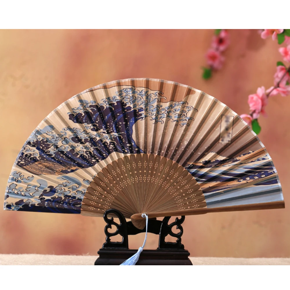 Ручной вентилятор Fuji Kanagawa Waves из натурального шелка японский складной веер