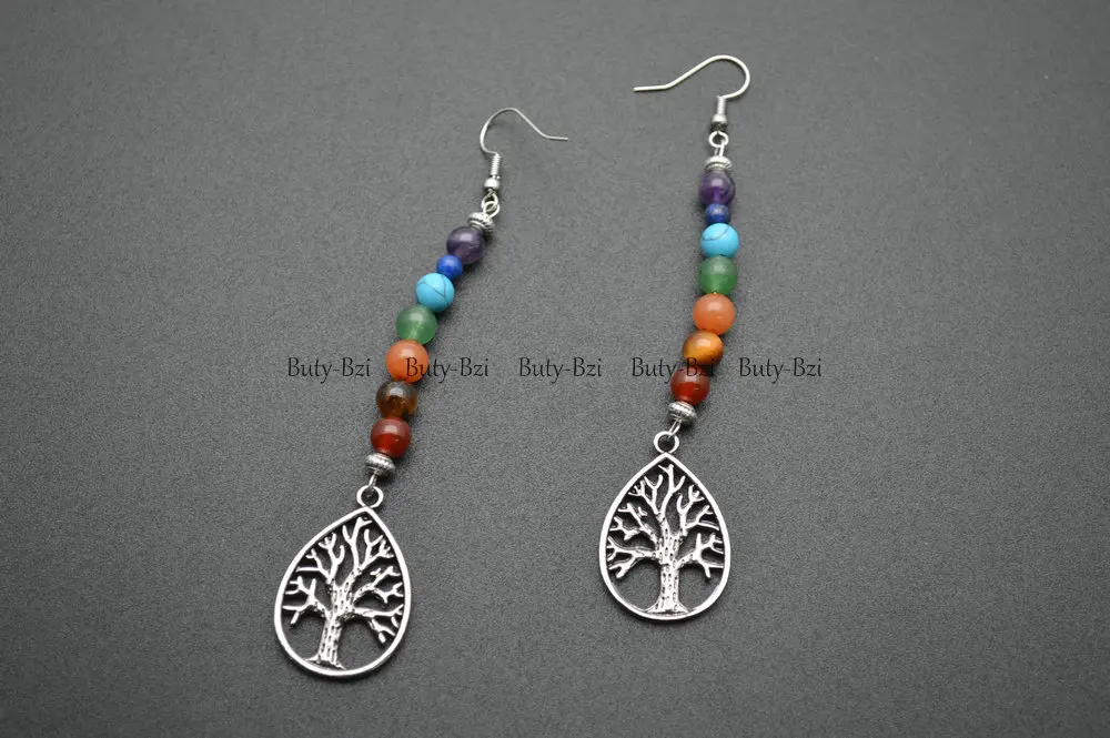 Металлические серьги с круглыми бусинами 7 видов символами чакр | Украшения и