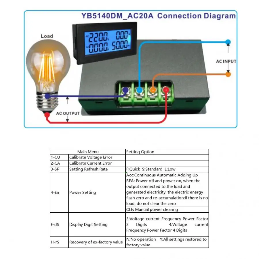 Новый YB5140DM Многофункциональный амперметр переменного тока Вольтметр 0 ~ 20A