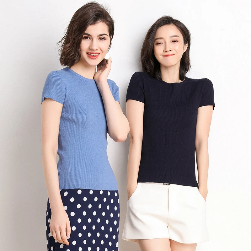 2019 spring O-neck short-sleeved knit bottoming shirt pullover solid color female half-sleeved thin | Женская одежда