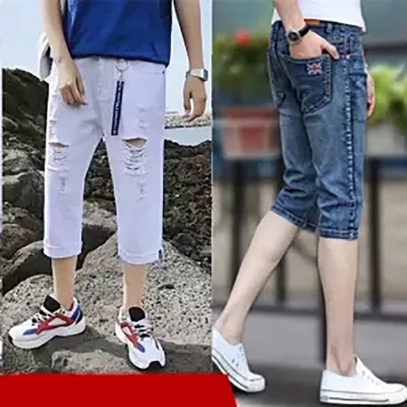 Мужские летние джинсы длиной до середины икры с принтом флага рваные Капри брюки