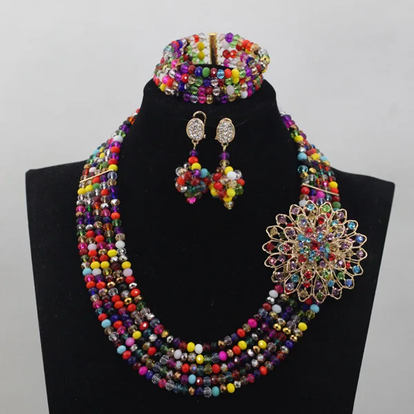 Комплект из колье и серёг с кристаллами 5 рядов|necklace set|beaded jewelry setbridal necklace set |