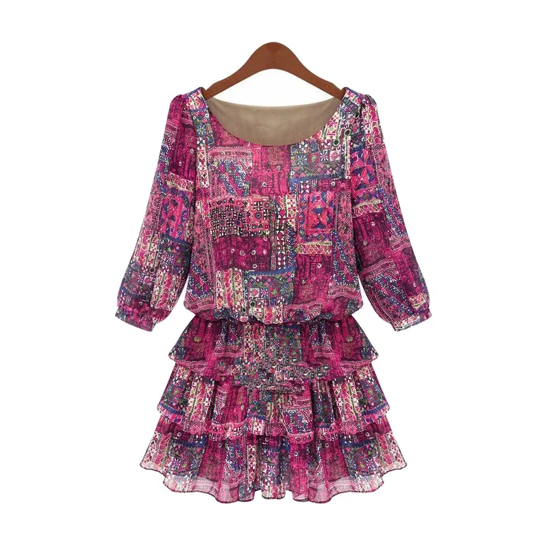 2017 Новая Мода Платье Женщины Лето Элегантный Половины Рукав Шифона Печати О