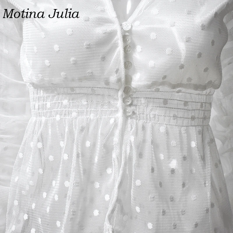 Motina Julia sexy see through lace blouses shirt women v neck dot mesh blusas female party clubwear tops |