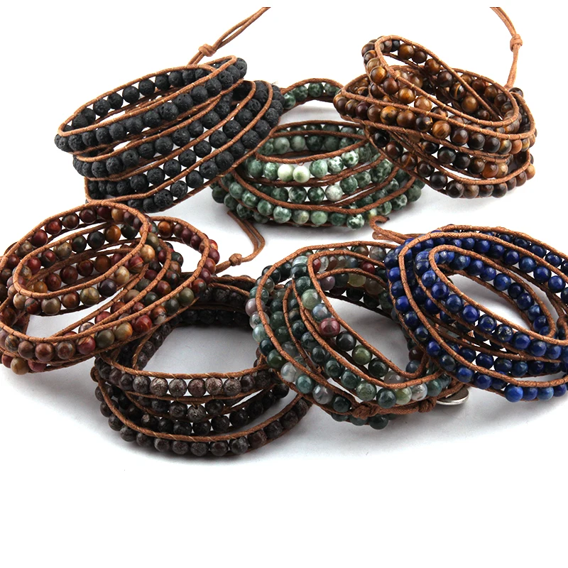 

Free Shipping Beautiful Fashion Stone Beads Long Wrap Bracelet 4 Wraps Leather Beads Bracelet For Women