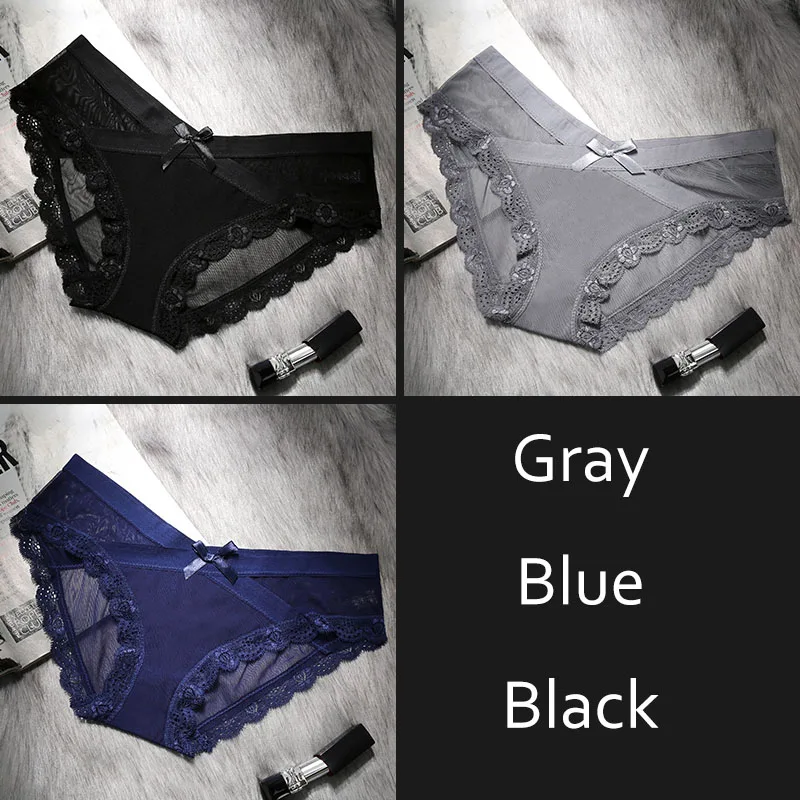 Gray Black Blue Женское нижнее белье, прозрачные сексуальные трусики, сетчатые дышащие трусы, низкая посадка, бант, цветочные трусики для девушек, DULASI, 3 шт./лот - Цвет: Gray Black Blue