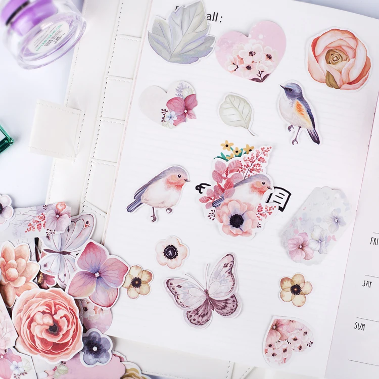 50 шт акварель Kawaii птица и бабочка свежий цветок растение украшение стикер для канцелярских товаров Diy Ablum Скрапбукинг Канцелярские Принадлежности