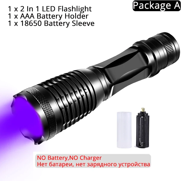 Package A 2в1 УФ-Фонарик светодиодный тактический фонарь Linternas 395nm Ультрафиолетовый детектор мочи для кемпинга домашних животных - Испускаемый цвет: Package A