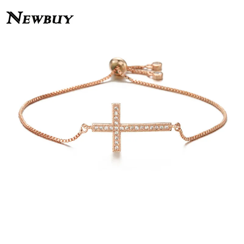 NEWBUY классический AAA+ кубический цирконий браслеты с крестообразной подвеской для женщин Регулируемый медный браслет-цепочка и браслет Прямая поставка ювелирных изделий - Окраска металла: NBSL325-Rose Gold