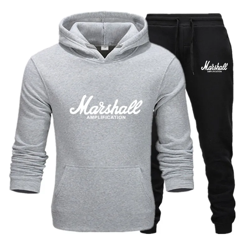 Горячий Marshall мужской костюм с капюшоном усиленная Мужская мода толстовки+ брюки Зима Осень Хип-хоп Брендовые мужские комплекты с капюшоном M-3XL - Цвет: gray black218-220