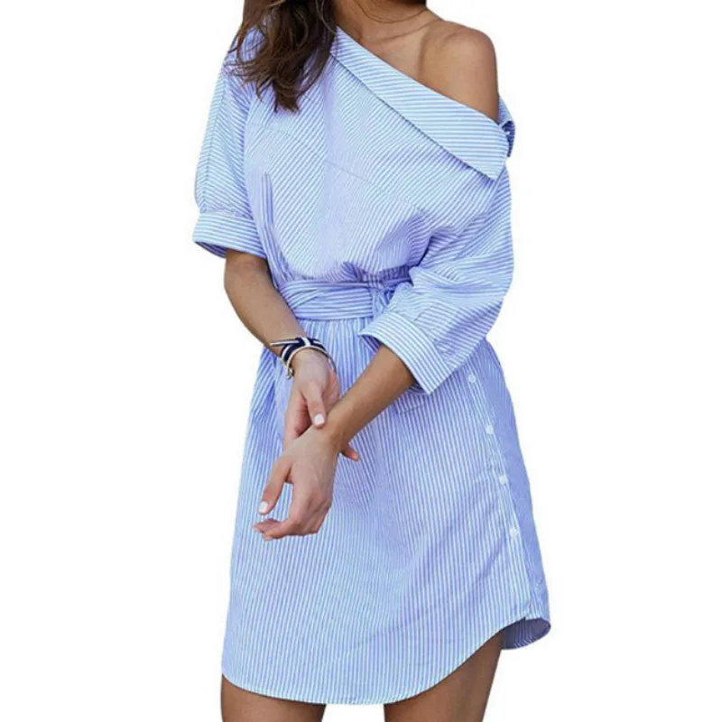 Богемное синее Полосатое платье рубашка с открытыми плечами женское пляжное на