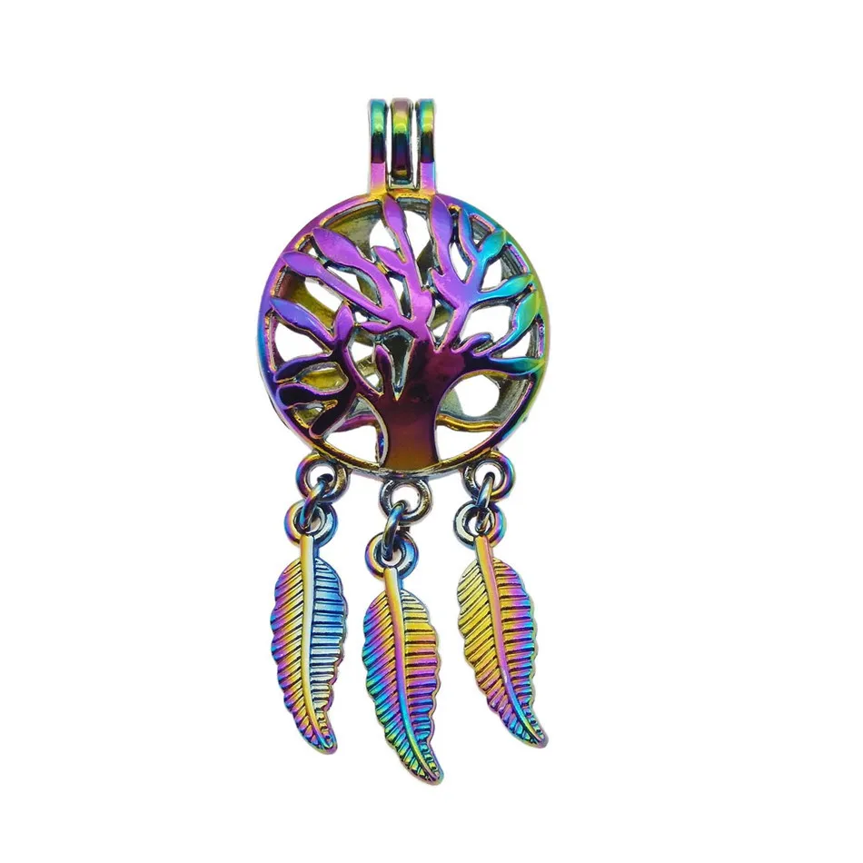 

5pcs Rainbow Color Zinc Alloy Dreamcatcher Pearl Cage Pendants Life tree Aromatherapy Oil Diffuser Jewelry Necklace DIY Jewelry