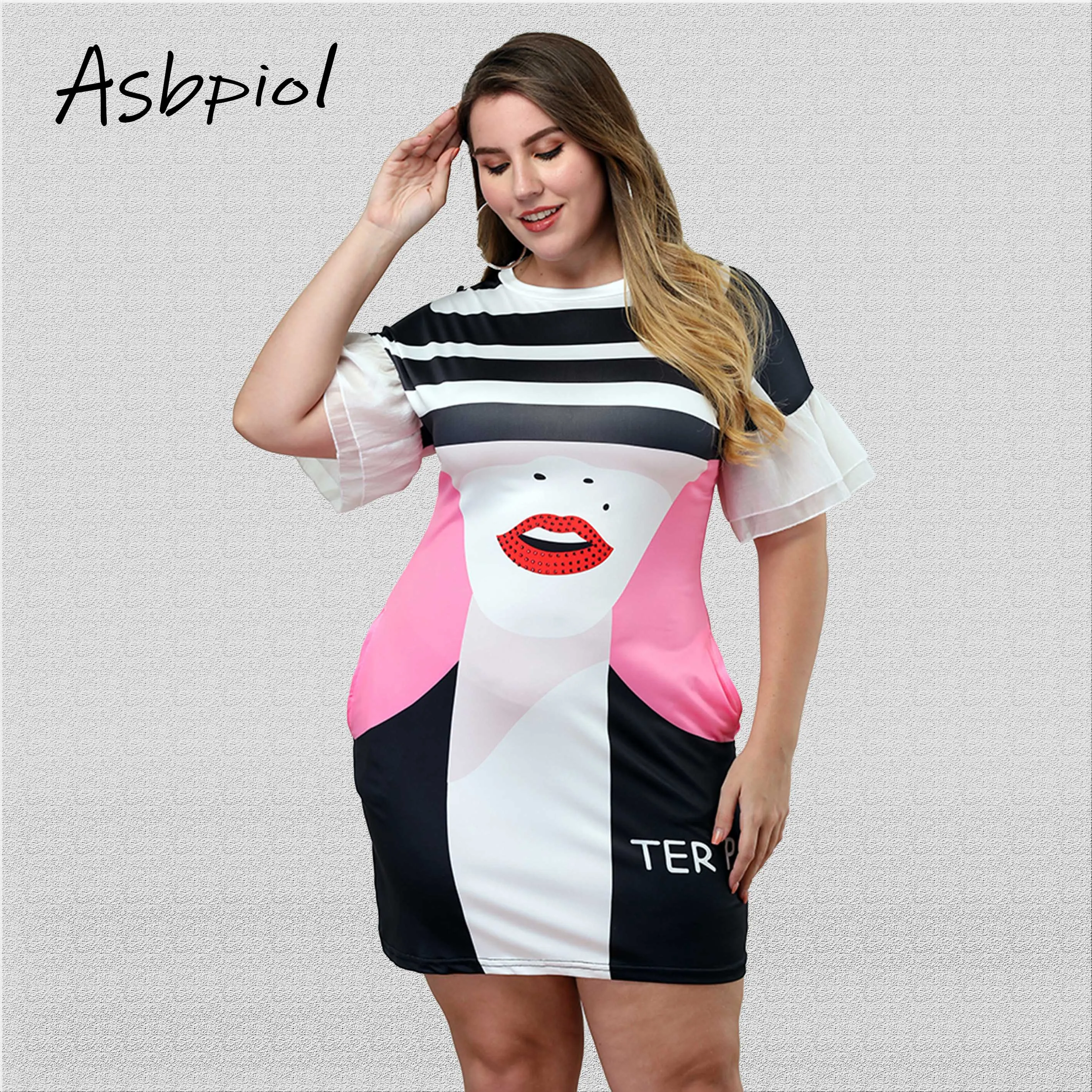 Летнее платье с принтом губы короткое О-образным вырезом Рубашка короткими