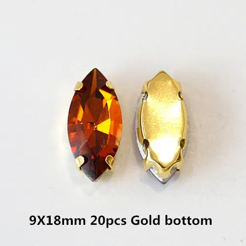 9X18mm--20PCS Кофейные смешанные формы, размеры, пришитые Стразы с золотым клешом, стеклянные стразы с плоской задней стороной, хрустальные стразы для шитья, женское платье Y3517 - Цвет: 9X18mm--20PCS